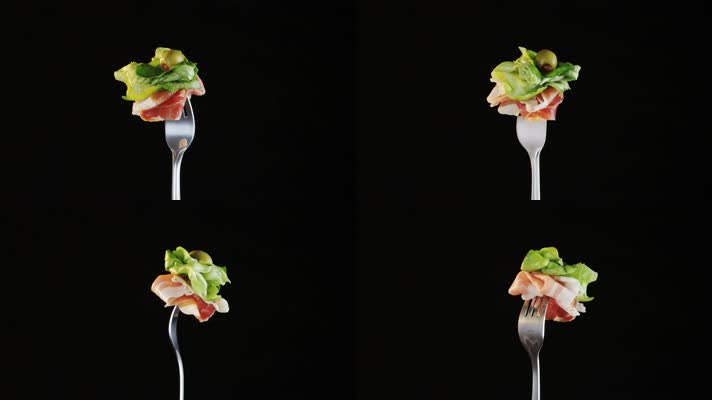 铁叉 叉子 培根 蔬菜 感染 创意美食 4K视频