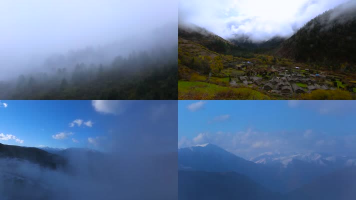 雾气云雾变化雪山山顶藏寨