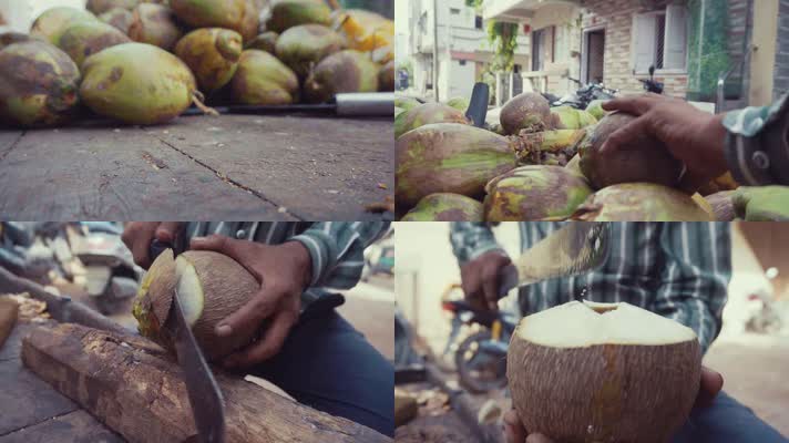 买椰子，刀砍椰子皮，椰子水