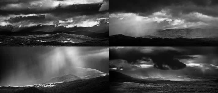  黑白摄影，山脉流云，天光光芒