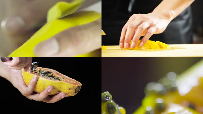 高速摄影微距甜品制作切芒果切木瓜挖木瓜籽
