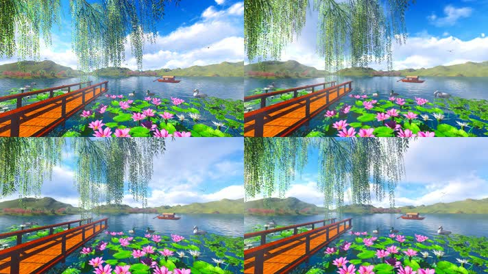 湖畔风景杨柳渔船荷花三维动画1