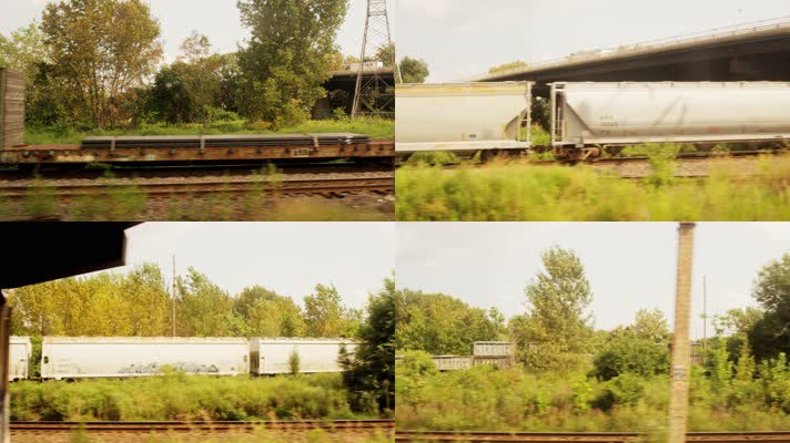 [4K]高速行走中列车沿途风景集装箱轨道