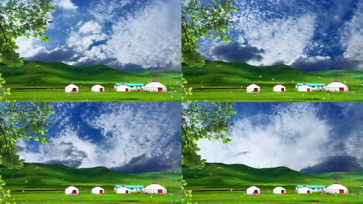 【4k】草原蒙古包树叶天空白云