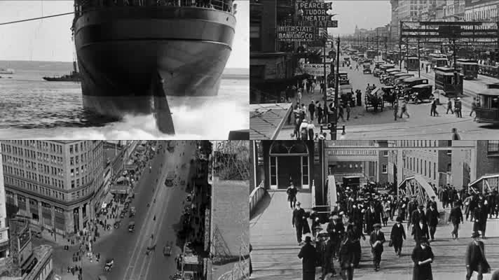 1915年美国纽约街头码头轮船