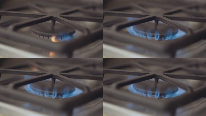 4k厨房煤气灶炉火点燃火焰