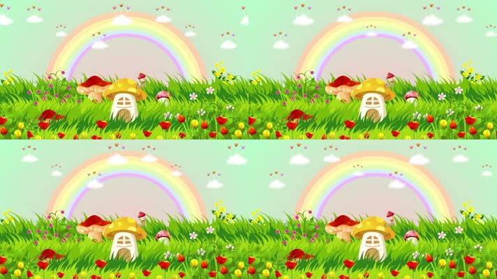 4K卡通蘑菇草地彩虹桃心云朵背景