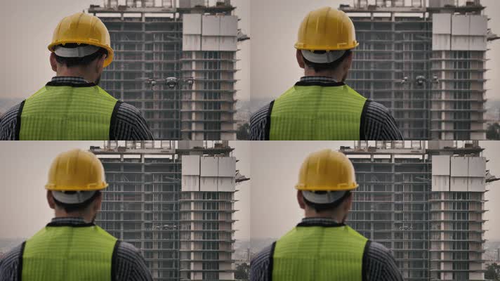工地 施工 安全帽 工人 无人机视频