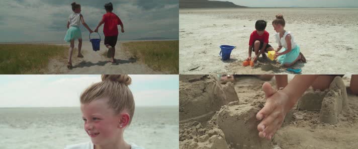 儿童海边玩泥沙，青梅竹马