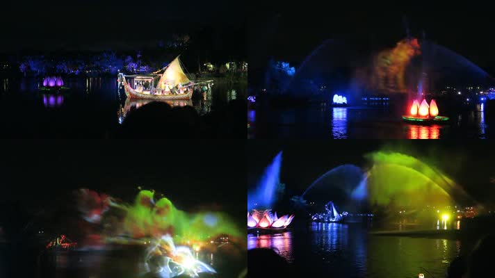 旅游景区夜晚水上灯光秀表演实拍素材