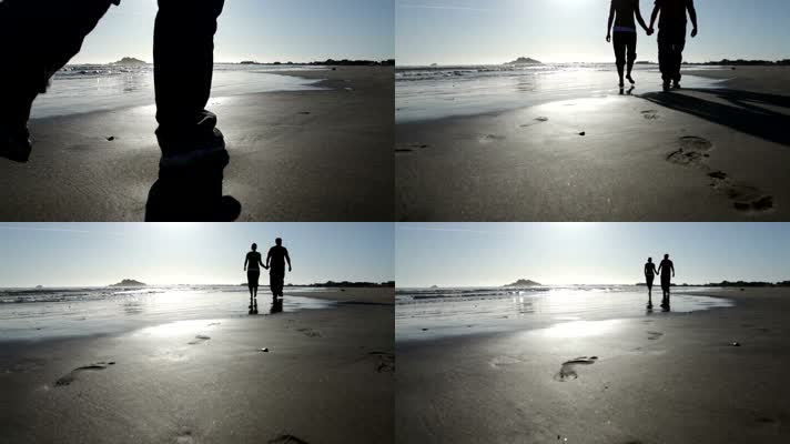 唯美浪漫，情侣牵手，沙滩行走