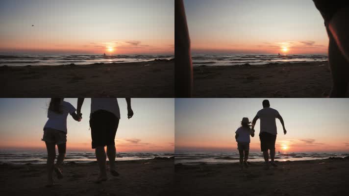 海边日落夕阳父女玩耍亲子陪伴