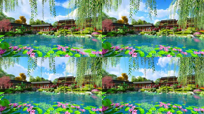 中国风古建御花园池塘景观动画