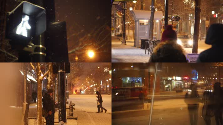 城市雪景，夜晚下雪，街道行人