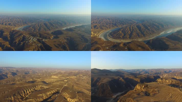 黄河流过的陕北地貌和村庄  河流  母亲河
