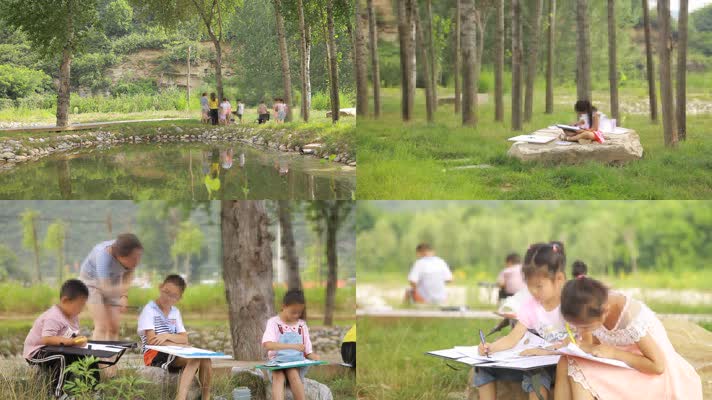 教师带学生画画在户外湖边森林