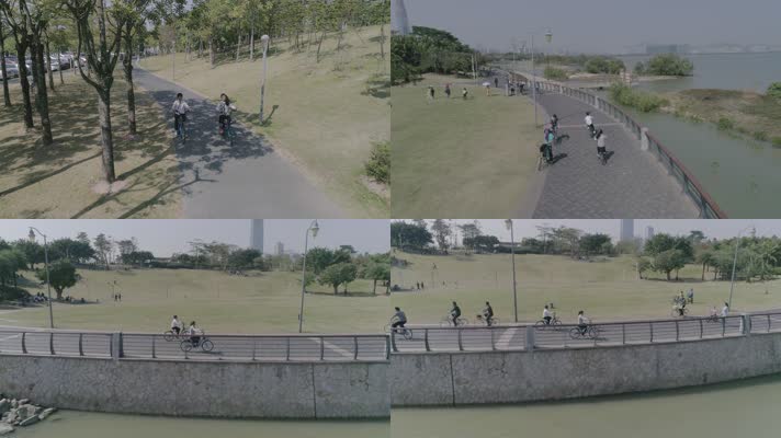 青春学生公园校服骑车航拍大疆灰片实拍4K
