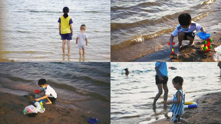 童年海边沙滩玩耍铲沙子1080p实拍