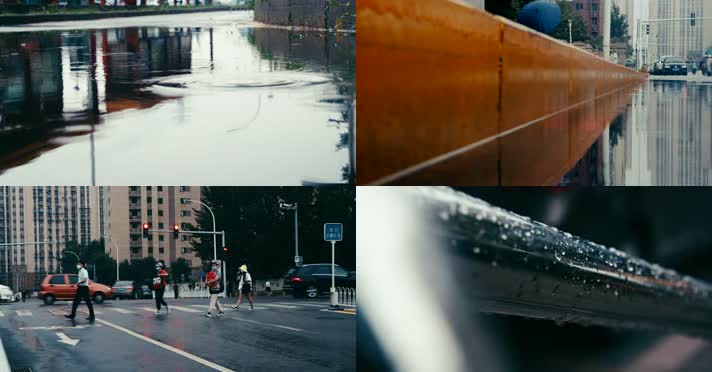 4K下雨雨后的城市、雨中行人、城市雨景