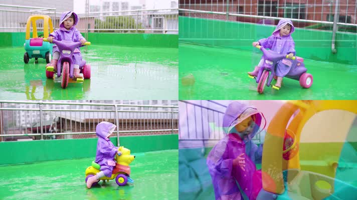儿童雨中玩耍，儿童雨衣，儿童下雨