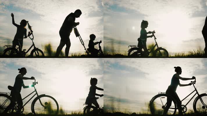 一家人骑自行车，郊外游玩