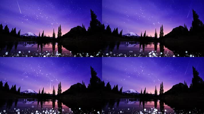 4K梦幻湖泊紫色天空流星