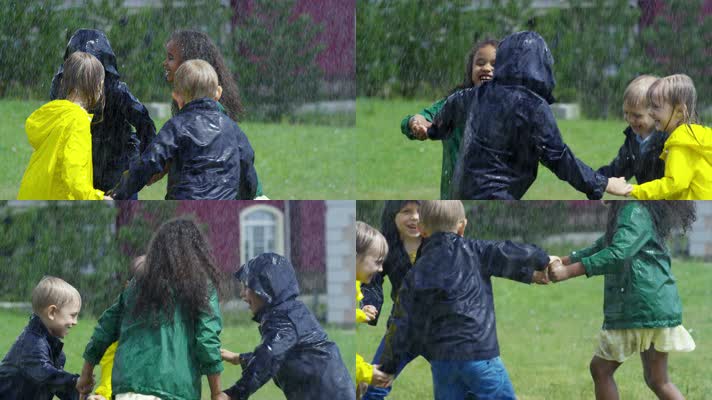 儿童雨中玩耍，儿童童真童趣幸福美好黑人