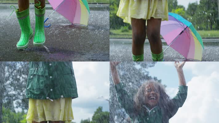 儿童雨中玩耍，儿童童真童趣幸福美好黑人
