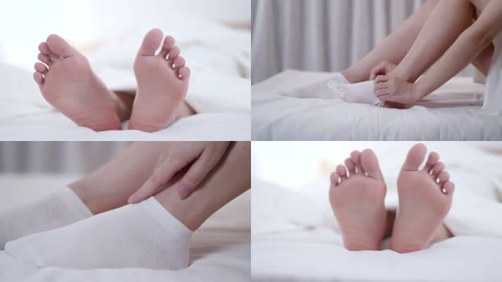 女孩在床上穿袜子，脚丫子特写，美腿4k