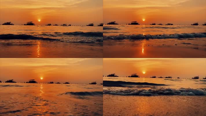 夕阳下海浪冲刷沙滩实拍