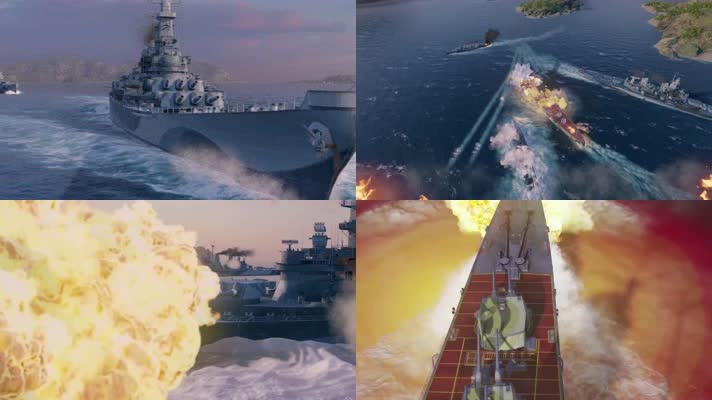 战争动画，激烈海战，军舰大炮