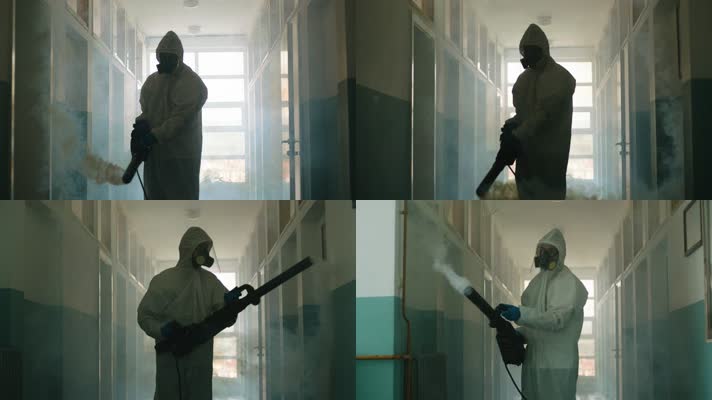 防护服防化服，消毒人员消毒走廊学校工厂