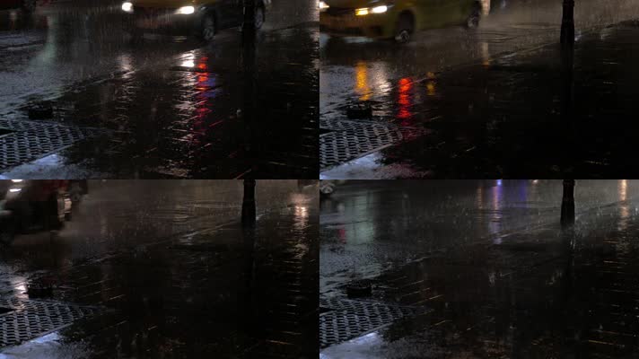 夜晚下雨，马路下雨，汽车开过