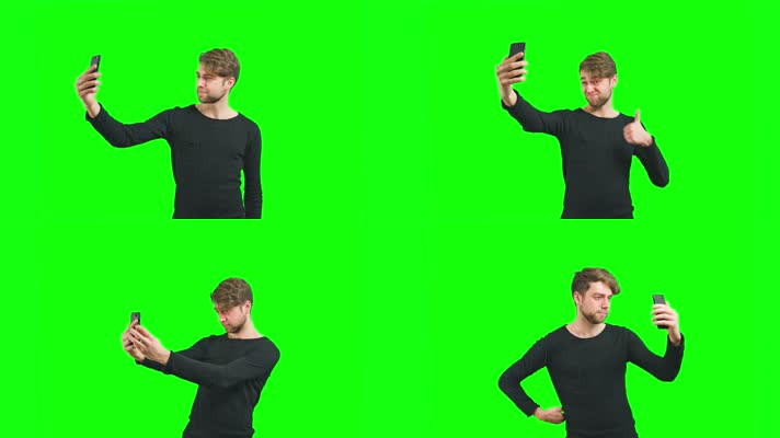 手机社交绿幕，男人手机视频自拍