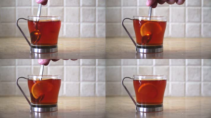 柠檬红茶，玻璃杯搅拌