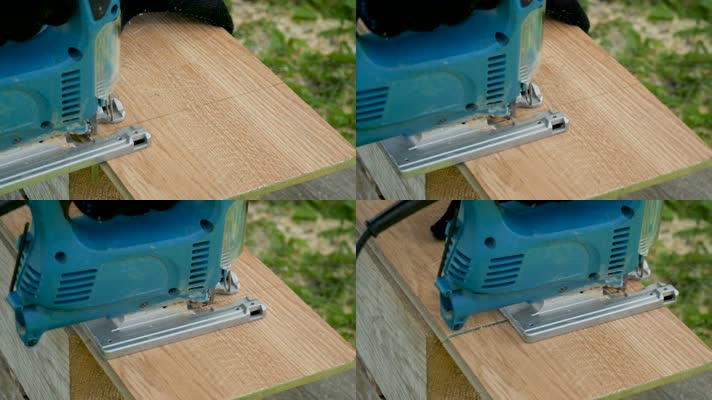 手电锯锯木板，木材加工