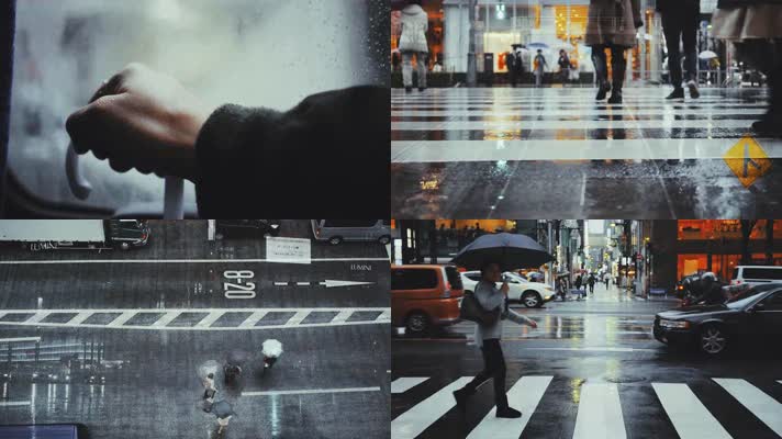 城市雨景,行人打伞过马路,车辆