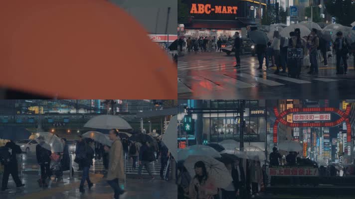城市夜雨，下雨雨伞行人路人逛街街道城市