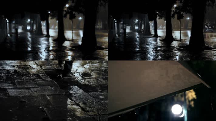 夜雨，地上积水，行人踩水