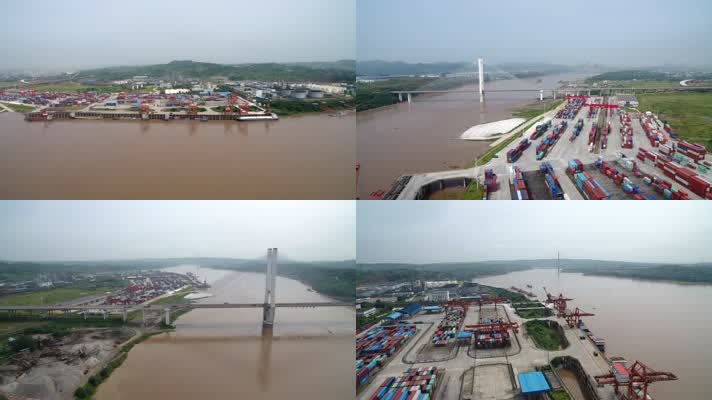 航拍鸟瞰长江港口码头河流车流集装箱码头