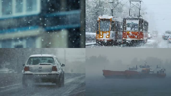 城市雪景，公路交通，汽车飘雪