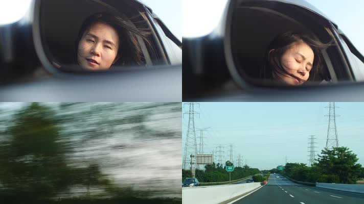 女孩坐车兜风旅行旅途路上风景4k