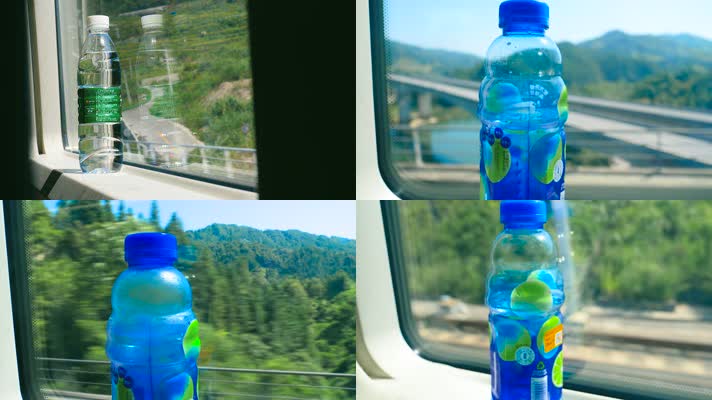 高铁车窗户上的饮料水瓶，车窗外风景4k