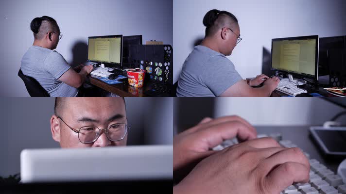 30男人加班工作打键盘打字熬夜加班