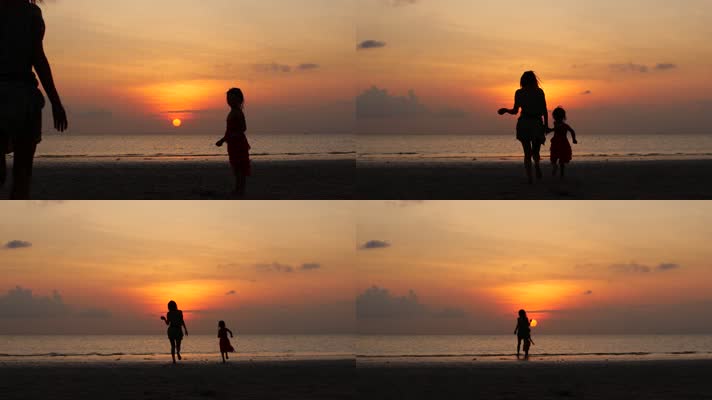 海边奔跑，母女牵手奔向阳光