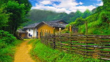 山间小路田园人家篱笆背景舞台背景