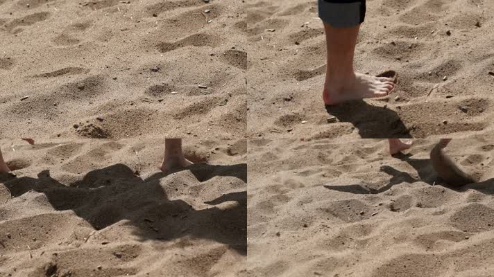 小孩子沙滩奔跑，打光脚奔跑