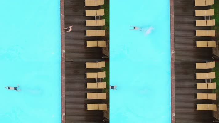 男人跳水游泳，度假酒店泳池