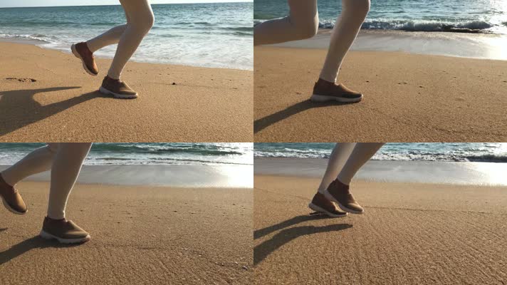 海边跑步脚特写，大海海边沙滩海滩跑步奔跑