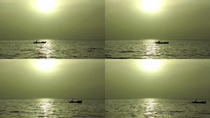 夕阳，渔船海上行驶